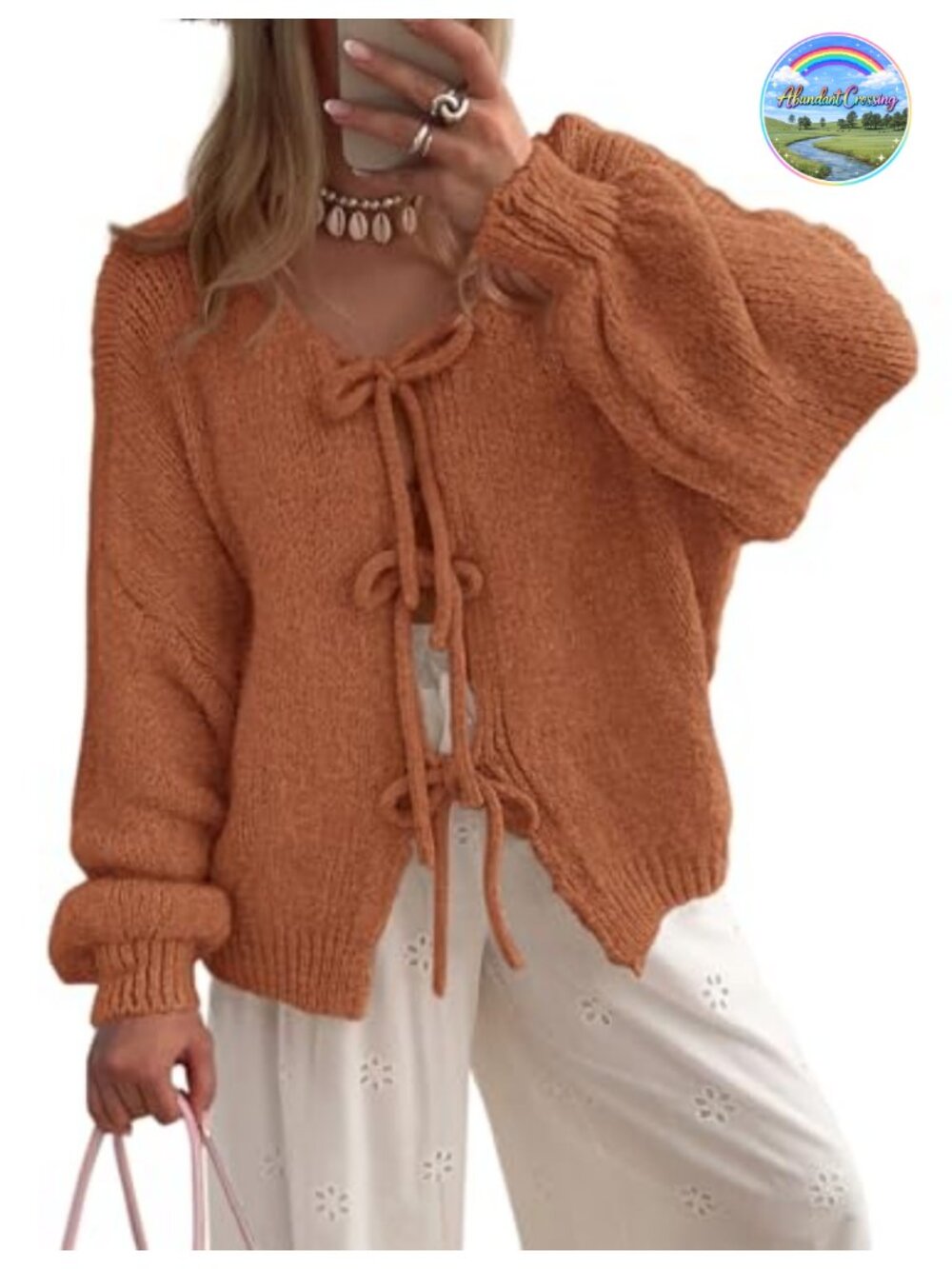 Tie Front Bow Cardigan Cable Knit Puff Sleeve Sweater